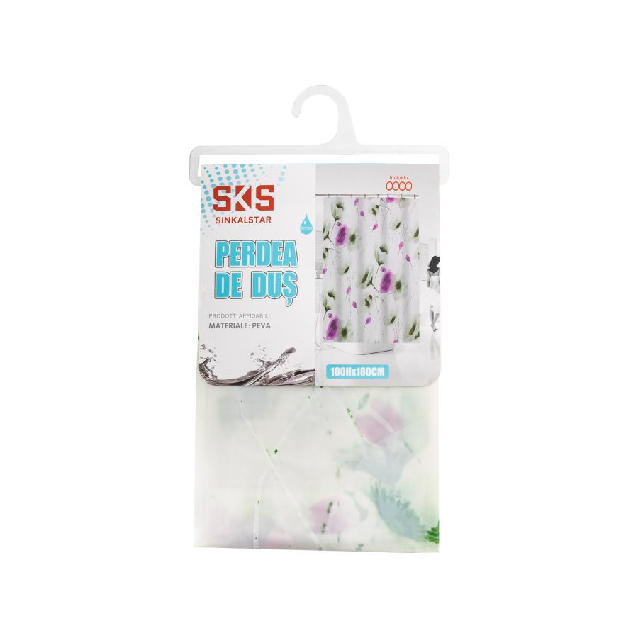 Perdea de Dus din PEVA, 180x180cm, Alba cu Model Floral