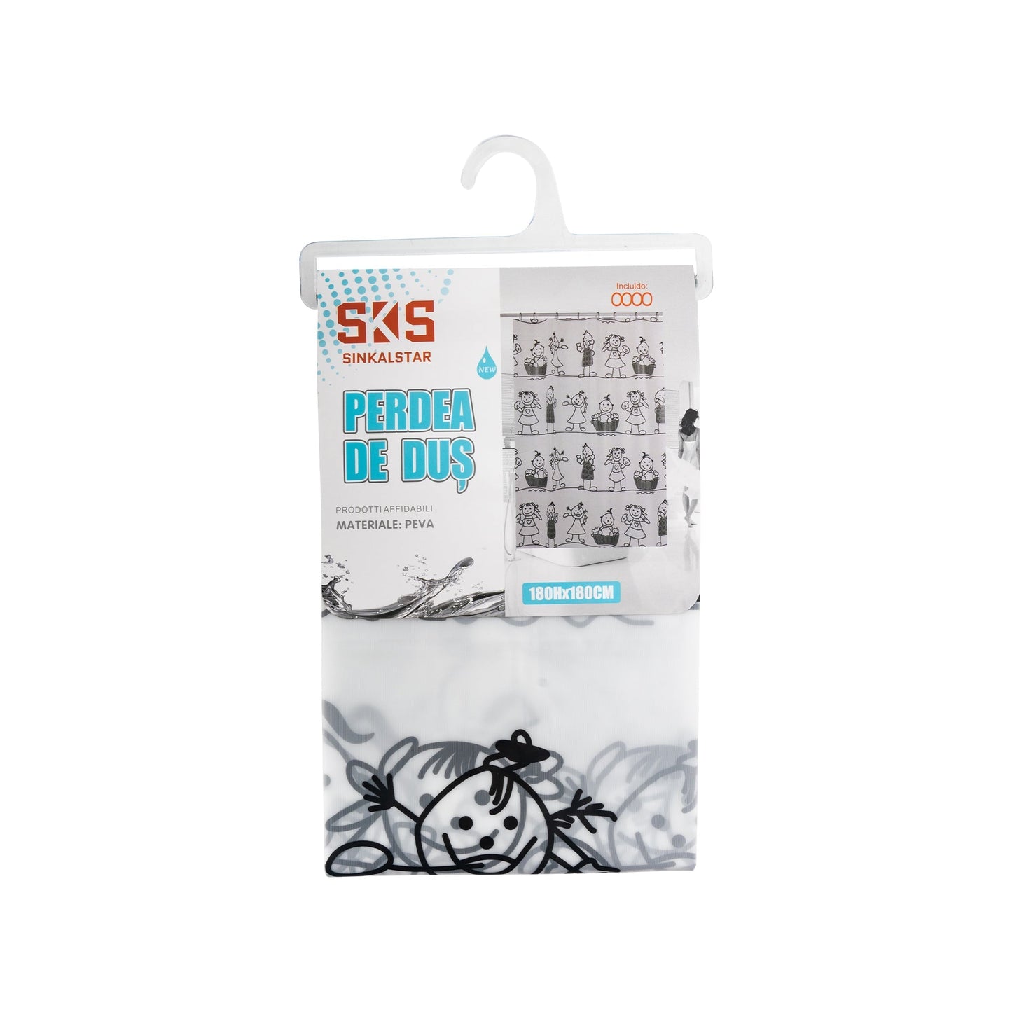 Perdea de Dus din PEVA, 180x180cm, Alba cu Model