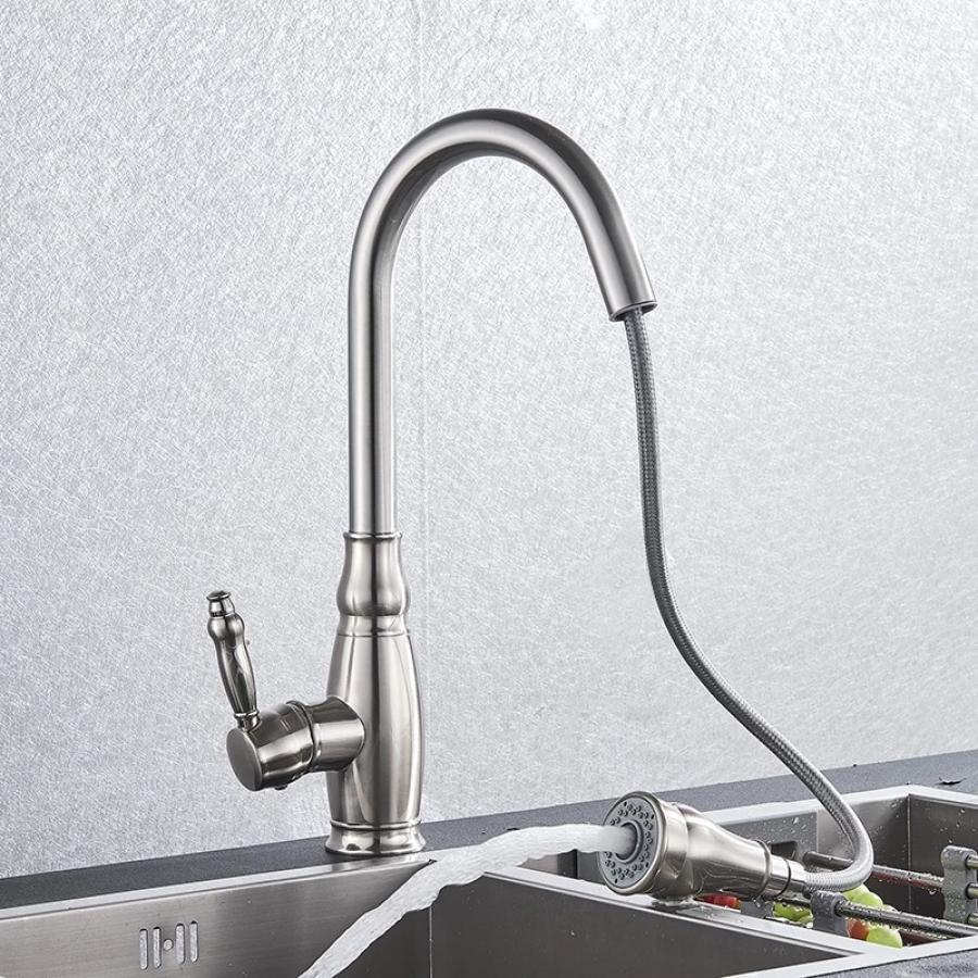 Baterie Bucatarie, cu Dus Extractibil, din Inox, Culoare Satinata