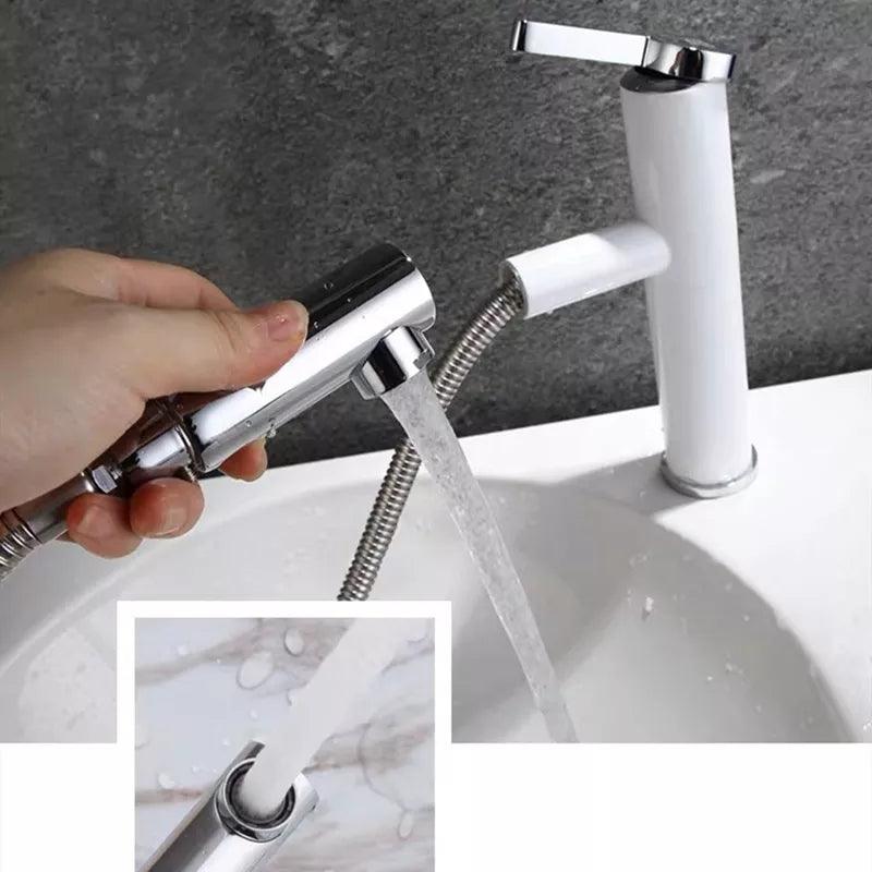 Baterie Lavoar cu Dus Extractibil si Pipa Pivotanta, din Alama Sanitara, Alba cu detalii Crom