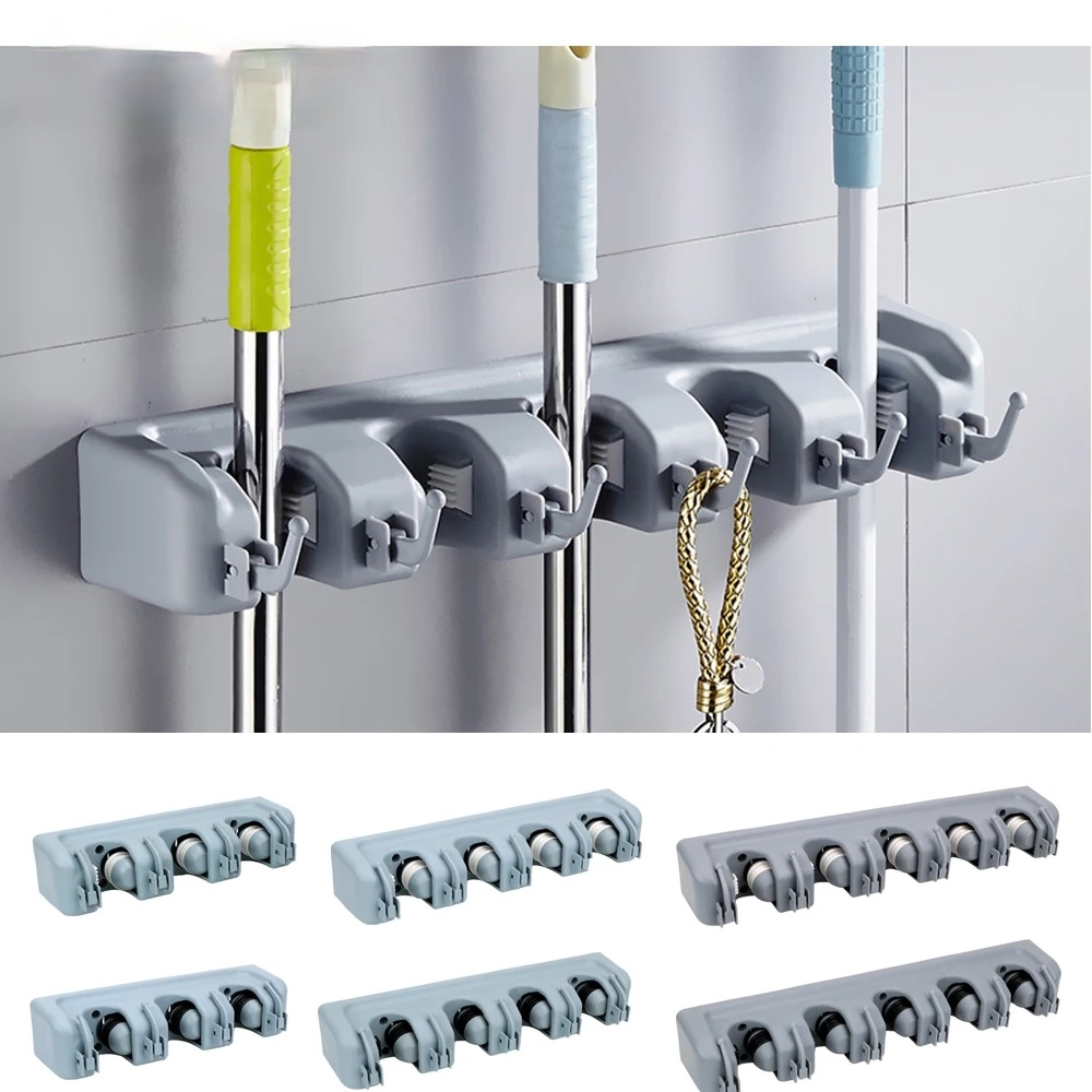 Suport de Perete Multifunctional, cu 6 cuiere si 5 spatii prindere, Gri