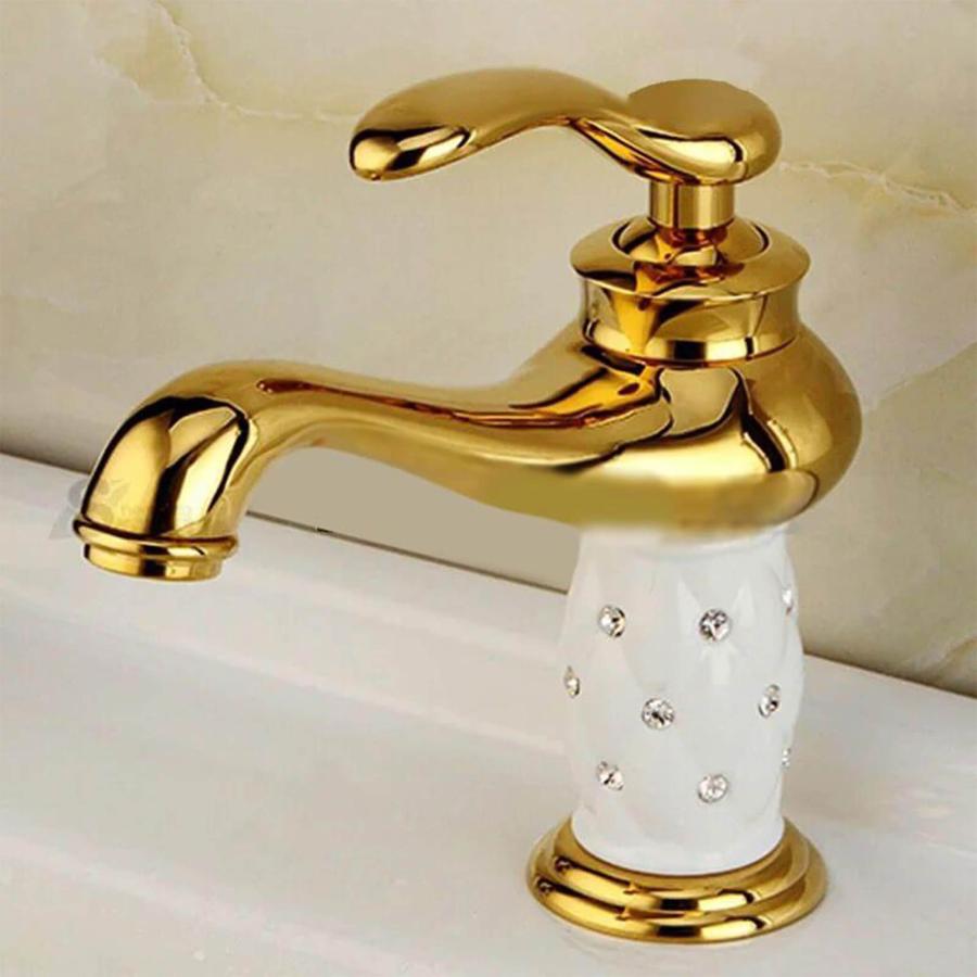 Baterie Lavoar Vintage, din Alama Sanitara, Aurie cu Detalii Albe