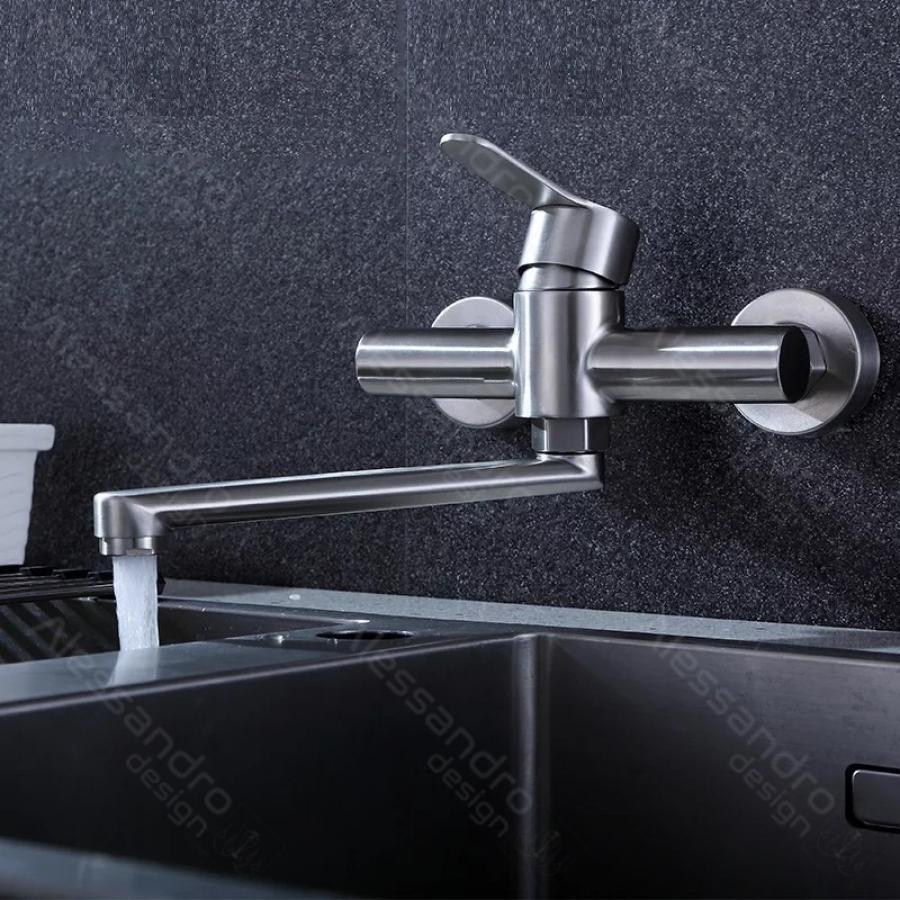 Baterie Bucatarie cu montare pe perete, Pipa pivotanta, Monocomanda, din Inox, Satinata