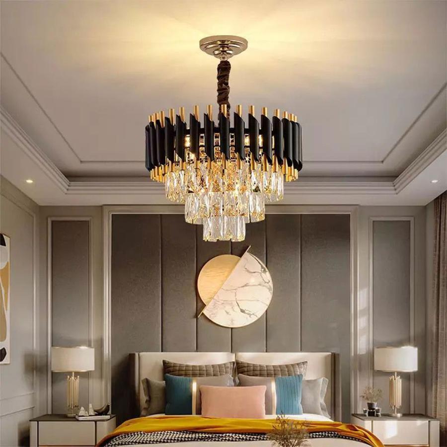 Candelabru Sahar, 5*E14, Metal și Cristal, Auriu și Negru