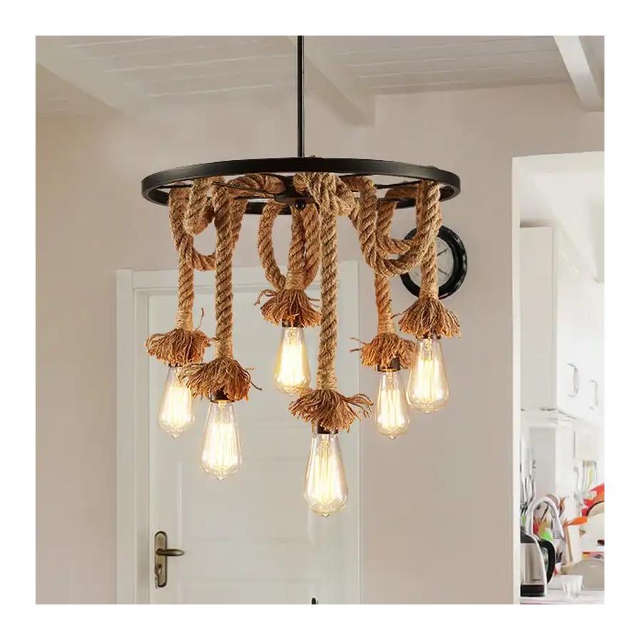Lustra Roata, 6*E27, Maro, Metal și Sfoară