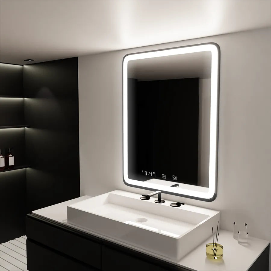 Oglinda LED Touch Favola Sistem Dezaburire Rama Neagra Ceas si Temperatura 50x70 cm Colectia Marcello Funghi