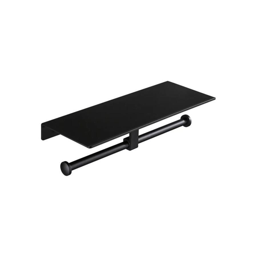 Suport dublu Hartie Igienica cu Etajera, Negru, din Inox